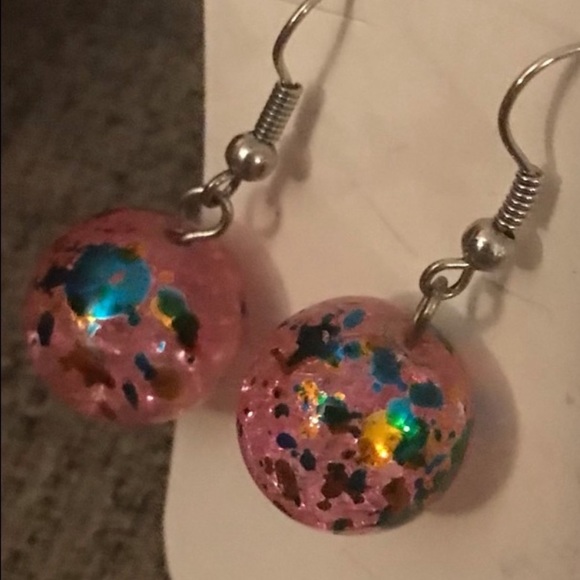 Paint Splatter Dome Ball Bubble Bauble Pink Sparkle Bead Dangle Earring Art Deco - Picture 8 of 8